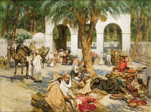 Marche Au Fondouk De Laghouat Oil Painting by Frederick Arthur Bridgman