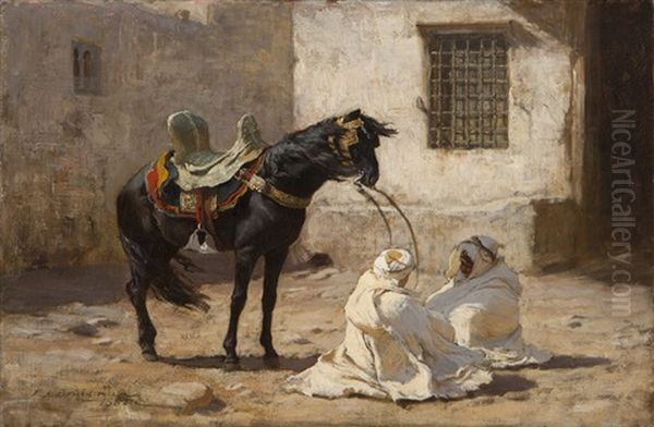 Black Stallion And Two Bedouin Men In A Wind Storm Oil Painting by Frederick Arthur Bridgman