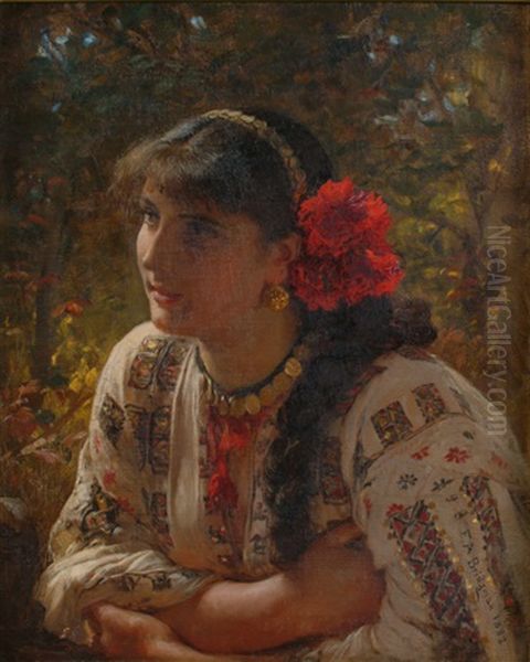 Young Lady W/red Flowers In Hair, Gold Jewelry Oil Painting by Frederick Arthur Bridgman