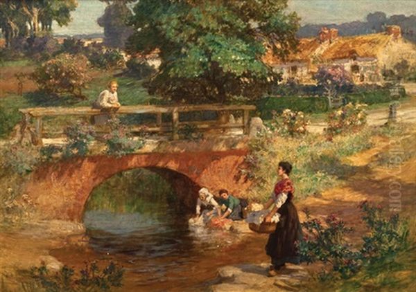 Village Scene, Washing Laundry Oil Painting by Frederick Arthur Bridgman