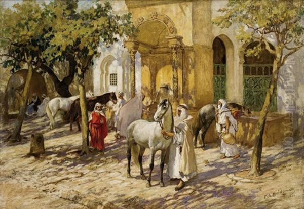 Chevaux A La Fontaine De Birkadem, Alger Oil Painting by Frederick Arthur Bridgman