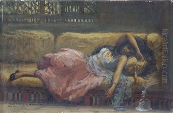 A Reclining Oriental Beauty Oil Painting by Frederick Arthur Bridgman