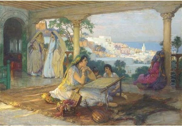 Elegant Ladies Sewing On A Verandah Oil Painting by Frederick Arthur Bridgman