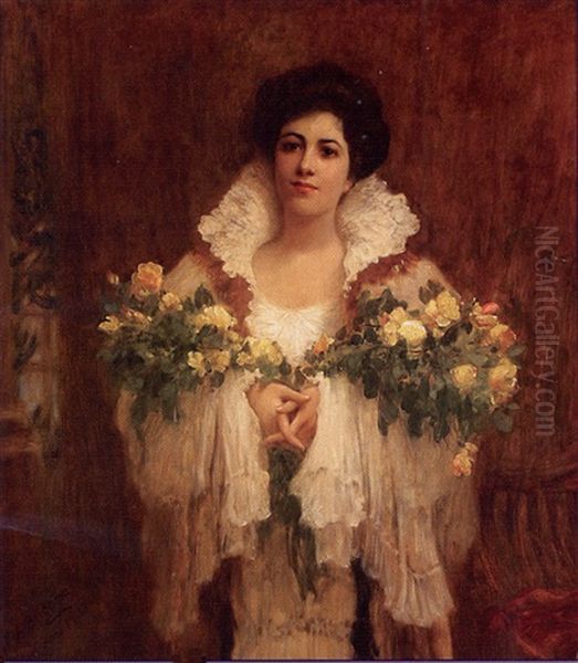 Woman In White Holding Yellow Roses by Frederick Arthur Bridgman