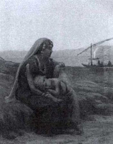 Mother And Child On A Beach Looking Out To Sea Oil Painting by Frederick Arthur Bridgman