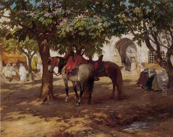 Devant Le Cafe A Biskra Oil Painting by Frederick Arthur Bridgman