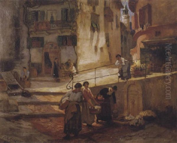 A Continental Cityscape With Figures Oil Painting by Frederick Arthur Bridgman