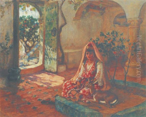 Jeune Femme A La Gazelle Dans Un Patio Oil Painting by Frederick Arthur Bridgman