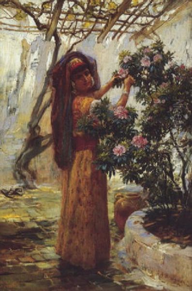 La Cueillette Des Rhododendrons Oil Painting by Frederick Arthur Bridgman