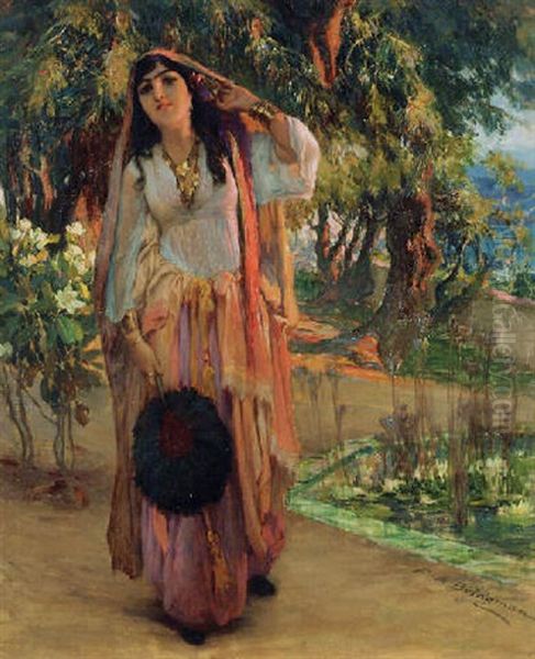 An Oriental Beauty In A Garden Oil Painting by Frederick Arthur Bridgman