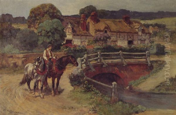 Chevaux Pres Du Pont Oil Painting by Frederick Arthur Bridgman