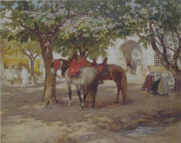 Devant Le Cafe A Biskra Oil Painting by Frederick Arthur Bridgman