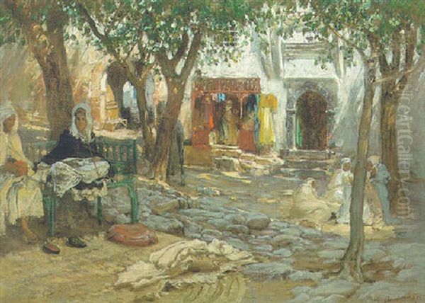 Idle Moments, An Arab Courtyard Oil Painting by Frederick Arthur Bridgman