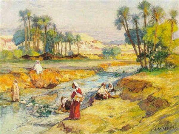 Washerwomen Along A River Oil Painting by Frederick Arthur Bridgman