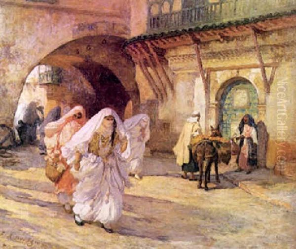 Arab Women In A Street Oil Painting by Frederick Arthur Bridgman