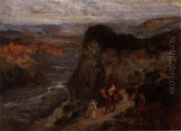 Oriental Travellers In An Extensive Landscape Oil Painting by Frederick Arthur Bridgman