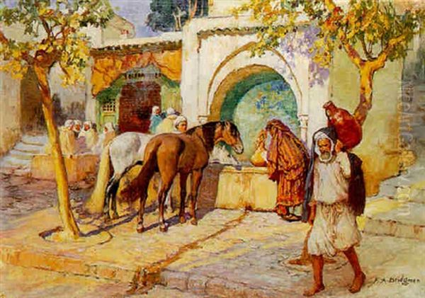 Chevaux S'abreuvant A La Fontaine Sur Une Place Oil Painting by Frederick Arthur Bridgman