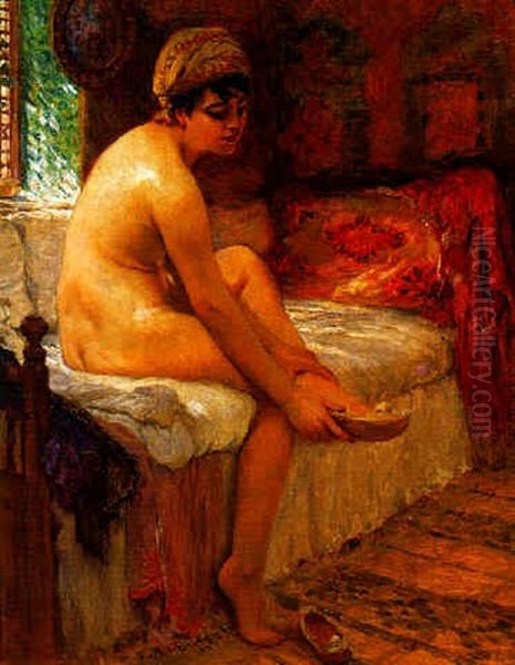 A Seated Nude Oil Painting by Frederick Arthur Bridgman