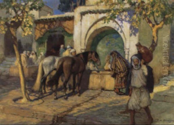 Horses Watering At A Fountain In A Square Oil Painting by Frederick Arthur Bridgman