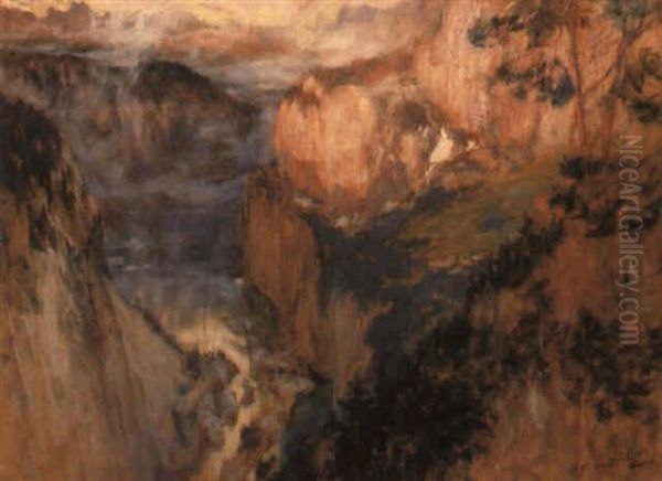 A Mountain Valley Oil Painting by Frederick Arthur Bridgman