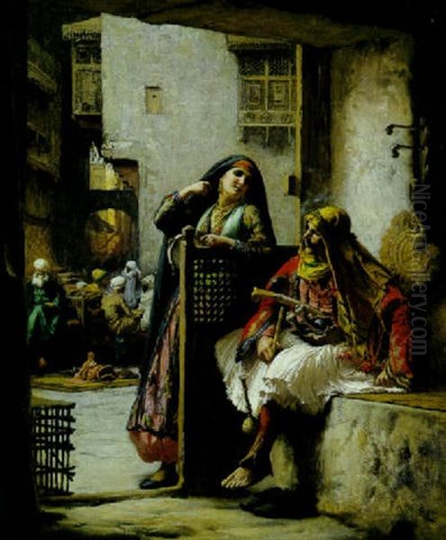 Almeh Flirting With An Armenian Policeman, Cairo Oil Painting by Frederick Arthur Bridgman