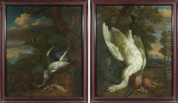 Trophee De Chasse Aux Herons, Pic Vert Et Moineaux (+ Trophee De Chasse Au Cygne Blanc, Geais Et Martin Pecheur; 2 Works) Oil Painting by Bernaert De Bridt