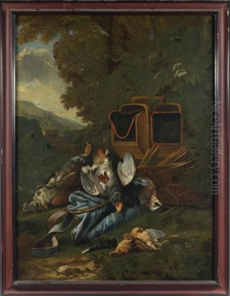 Trophee De Chasse Aux Oiseaux Dans Un Paysage, Perdreaux, Becasses, Geais Et Cailles Oil Painting by Bernaert De Bridt