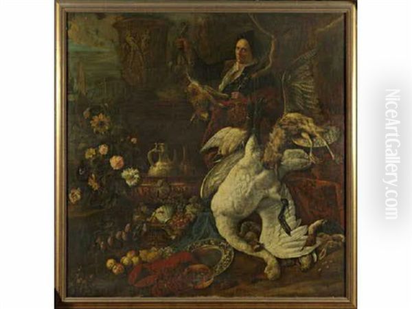 Nature Morte Aux Gibiers, Homards, Fleurs Et Fruits Autour Du Portrait D'un Chasseur Tenant Un Lievre Oil Painting by Bernaert De Bridt