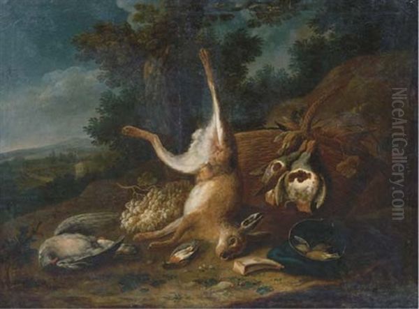 Game Including A Dead Hare And Birds With Hunting Paraphernalia On A Forest Floor Oil Painting by Bernaert De Bridt