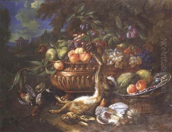 Nature Morte De Fruits Et Trophees De Chasse Dans Un Paysage Avec Architecture Oil Painting by Bernaert De Bridt