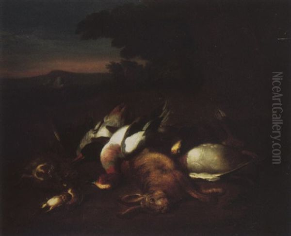 Game Including A Hare, Ducks And Songbirds In A Wooded Landscape, A Castle And Mountains Beyond Oil Painting by Bernaert De Bridt