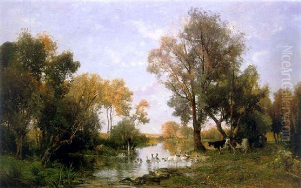 Ducks Bathing In A River Oil Painting by Jacques Alfred Brielman