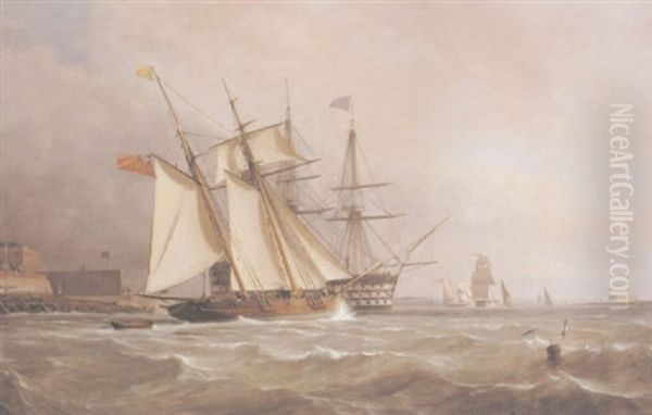 A Trading Schooner Overhauling A First Rate Off Garrison Point, Sheerness Oil Painting by Oswald Walters Brierly