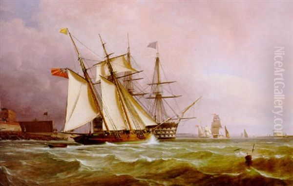 A Trading Schooner Overhauling A First Rate Off Garrison Point, Sheerness Oil Painting by Oswald Walters Brierly