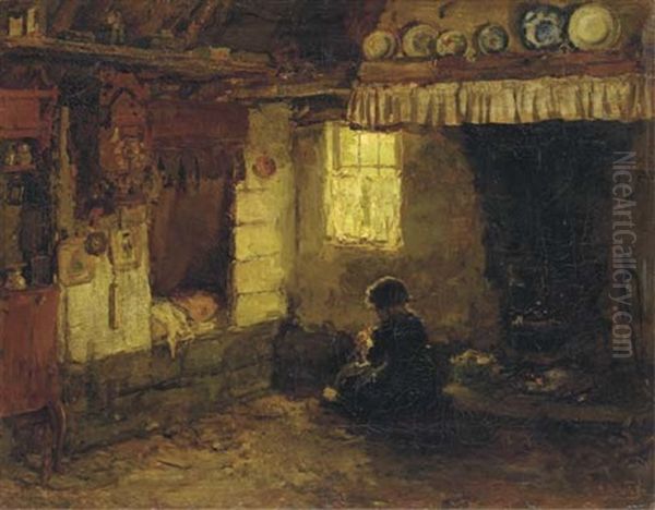 A Cottage Interior: Playing By The Window Oil Painting by Arthur Henri Christiaan Briet