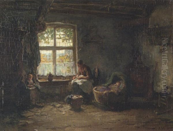 Nahende Bauerin An Der Wiege In Hollandischer Stube Oil Painting by Arthur Henri Christiaan Briet