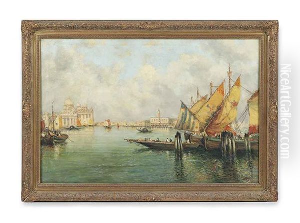 Gondolas On The Grand Canal, The Doge's Palace And Santa Maria Della Salute In The Distance Oil Painting by Nicholas Briganti