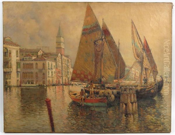 Venetian Canal With Docked Sail Boats Oil Painting by Nicholas Briganti