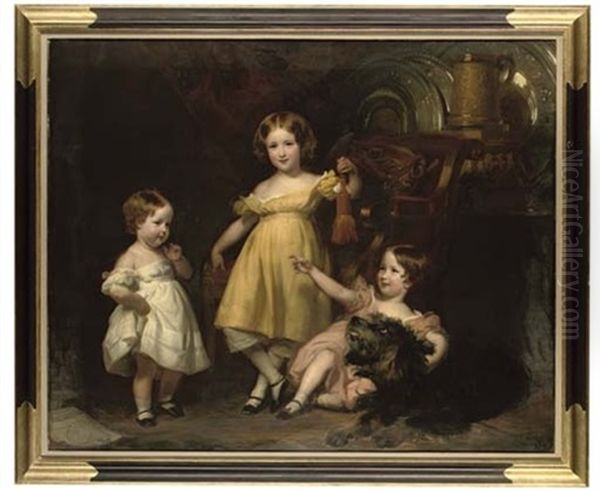 Group Portrait Of Lady Charlotte, Lady Augusta And Lady Katharine Scott, Three Great-grandchildren Of Lord High Chancellor Eldon (collab. W/sir Edwin Henry Landseer; + Portfolio Of Portrait Studies) Oil Painting by Henry Perronet Briggs