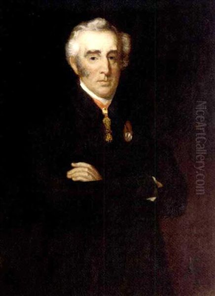 Portrait Of Arthur Wellesley, 1st Duke Of Wellington, Wearing A Coat With The Order Of The Golden Fleece And The Waterloo Medal Oil Painting by Henry Perronet Briggs