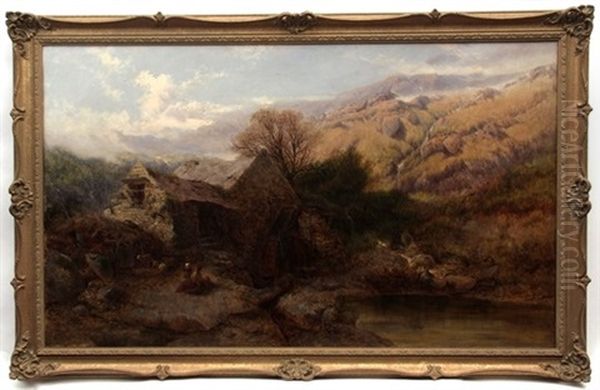 Welsh Mountain Landscape With Figures Before A Mill Oil Painting by Henry Bright