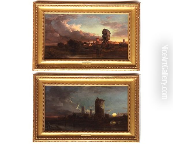 East Anglian Landscape With Windmills At Dusk And Moonlit River Landscape (a Pair) Oil Painting by Henry Bright