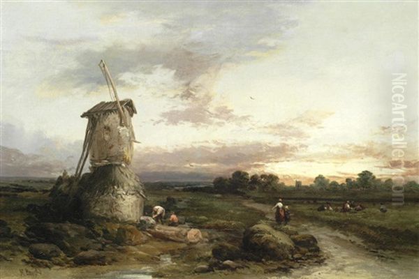 Landscape With Figures Before A Mill Oil Painting by Henry Bright