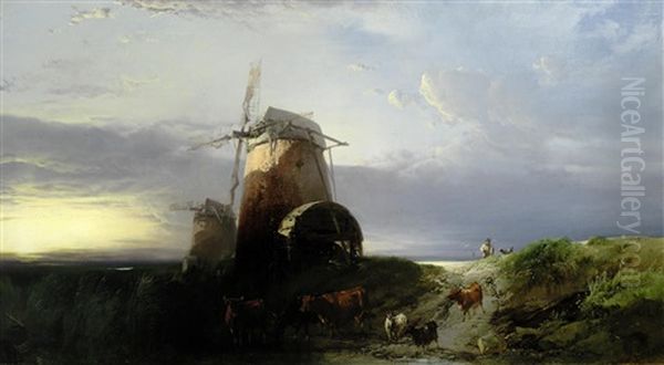 A Drover And Cattle In Front Of A Windmill Oil Painting by Henry Bright