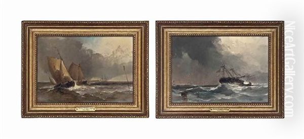 A Ship Foundering In Stormy Seas; And Shipping Off The Coast With An Approaching Squall (2 Works) Oil Painting by Henry Bright