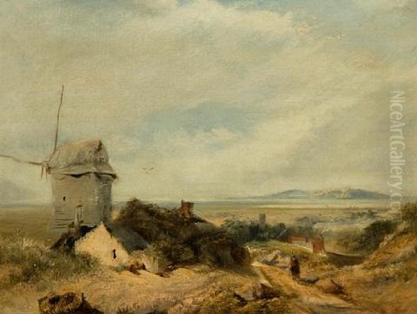 Estuary Landscape With Cloaked Figure Beside A Windmill Oil Painting by Henry Bright