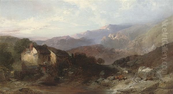 A Welsh Landscape With Figures, Cattle And Sheep Before A Cottage Oil Painting by Henry Bright