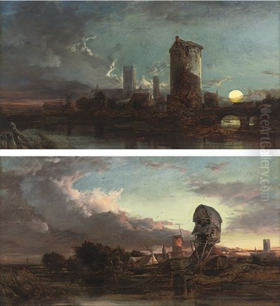 Windmills In An East Anglian Landscape At Dusk (+ A Castle Beside A River; Pair) Oil Painting by Henry Bright