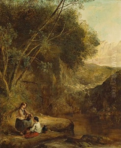 A Wooded Landscape With Two Women On The Banks Of A Stream Oil Painting by Henry Bright