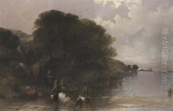 Cattle Watering With Countryfolk By A Cottage In An Extensive River Landscape Oil Painting by Henry Bright